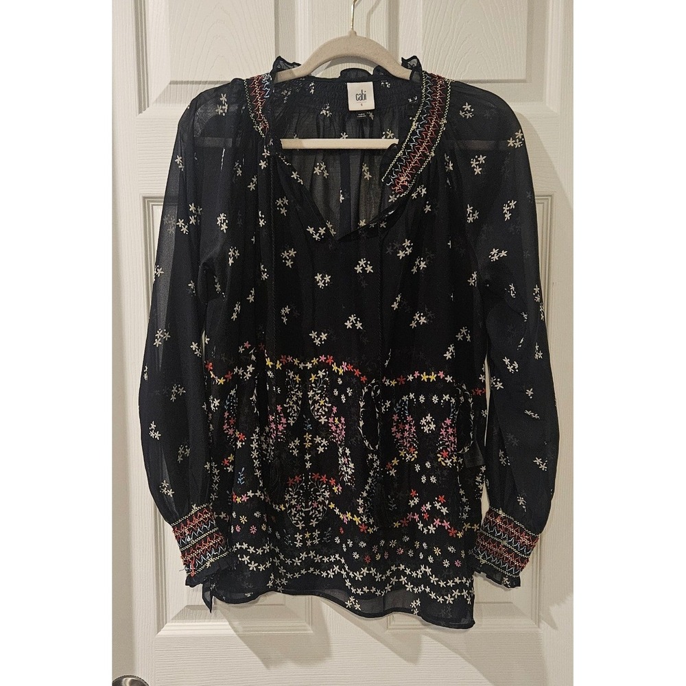 CAbi Sheer Embroidered Boho Blouse Small Navy Floral Tassel Tie Peasant Top - Picture 2 of 10